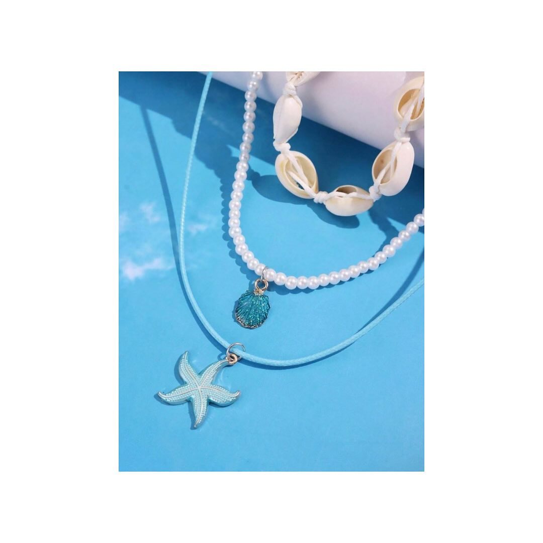 🌊🏖️⛱️👙 Conjunto de 3 piezas Collar con colgante de estrella de mar y concha de color azul💙🐚