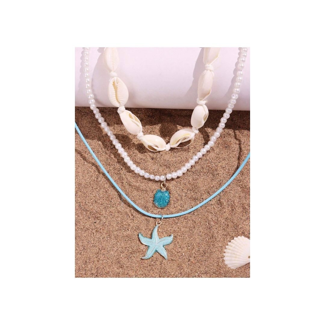 🌊🏖️⛱️👙 Conjunto de 3 piezas Collar con colgante de estrella de mar y concha de color azul💙🐚