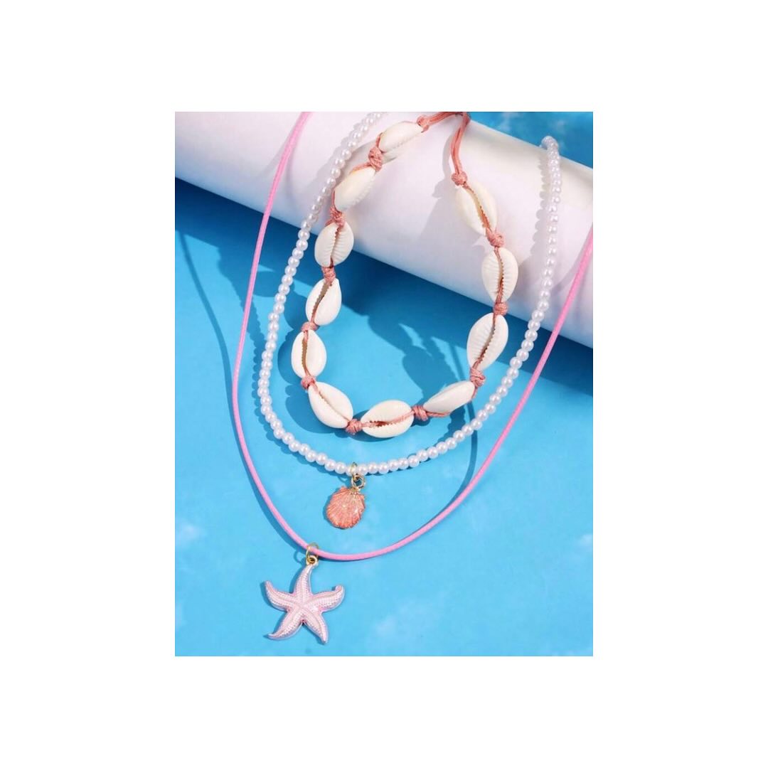 Conjunto de 3 piezas .Collar con un colgante de estrella de mar color rosado 🩷🩷🩷🩷🩷