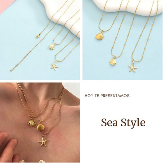 Sea Style 🌴🐚🐠🐬🩵🌊 1 pieza Collar de acero inoxidable de estilo vacacional con cadena de hueso de serpiente, colgantes de estrella de mar, concha y pez.