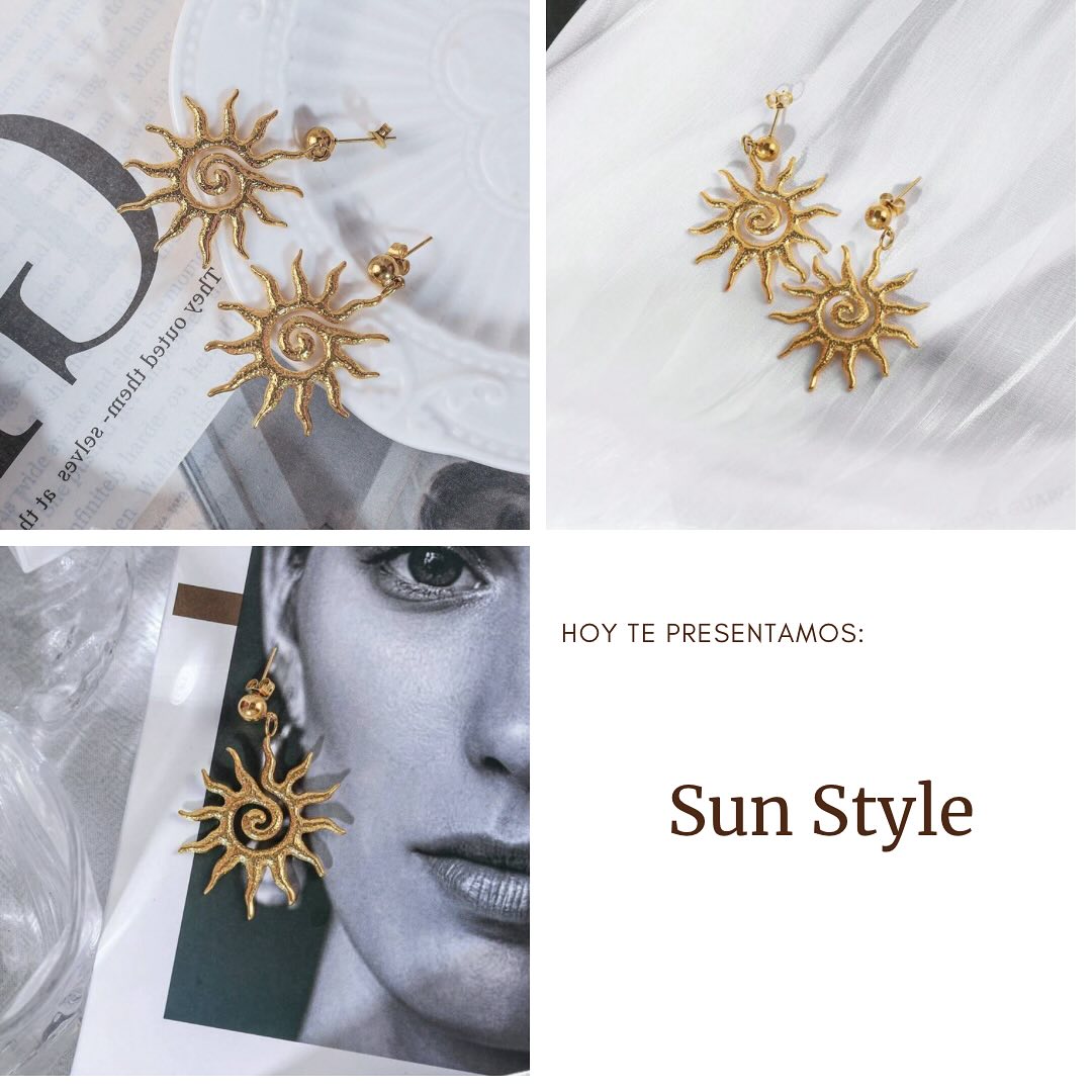 Sun Style 🌞 Para que brilles siempre como el sol 😍  Aretes en forma de sol de acero inoxidable bañado en oro de 18 quilates.