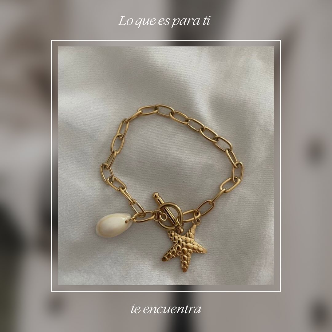 Summer accesories 🪭🌴🌝 Pulsera de acero inoxidable con cierre de langosta, tono dorado con estampado en 3D de estrella de mar y concha natural, accesorio diario para mujeres con tema oceánico⭐️