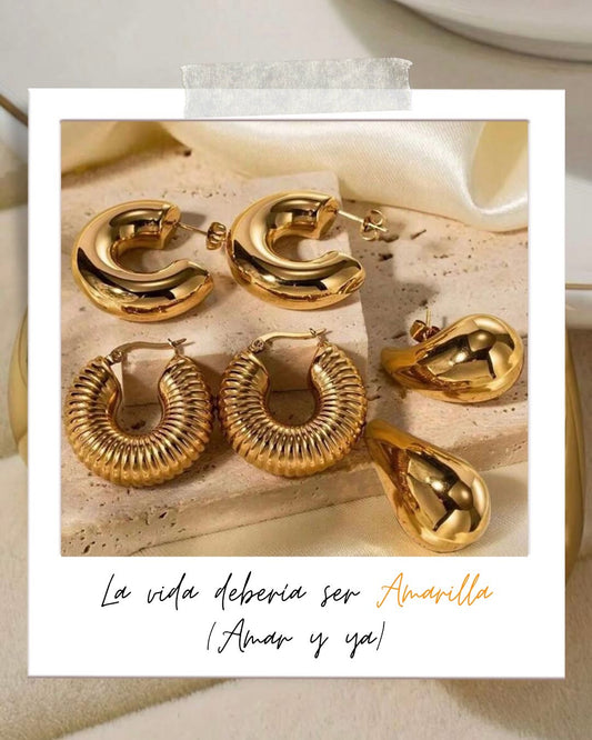 La vida debería ser amarilla: Amar y ya !💛 Conjunto de aretes de acero inoxidable. Pueden comprarlos en conjunto o individuales 😍 Colores : Amarillo oro ~Plata . Contemporáneos y elegantes. Diseños : redondos o de gotas .